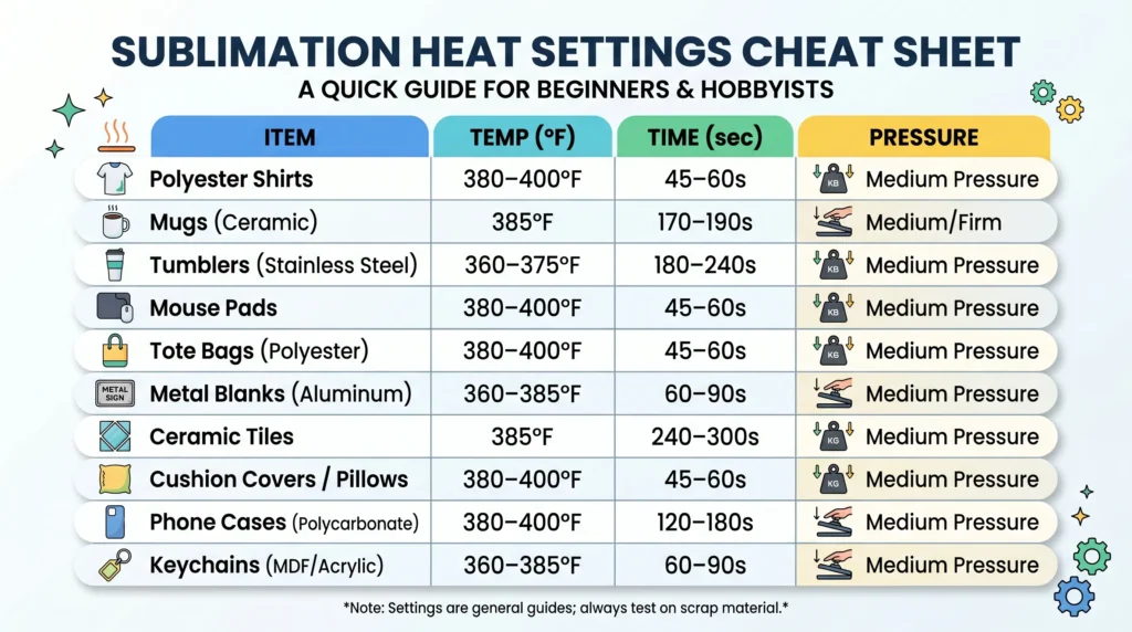 Sublimation heat settings chart showing temperature, time, and pressure for shirts, mugs, tumblers, and other common blanks.