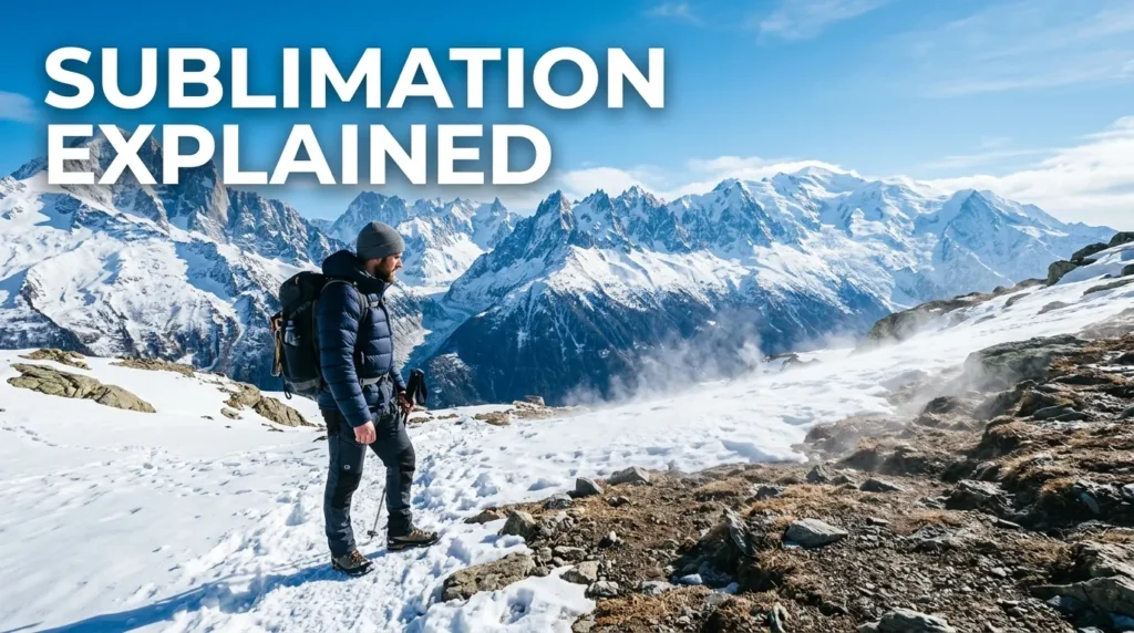Man standing on a snowy mountain watching snow disappear with “Sublimation Explained” text overlay.