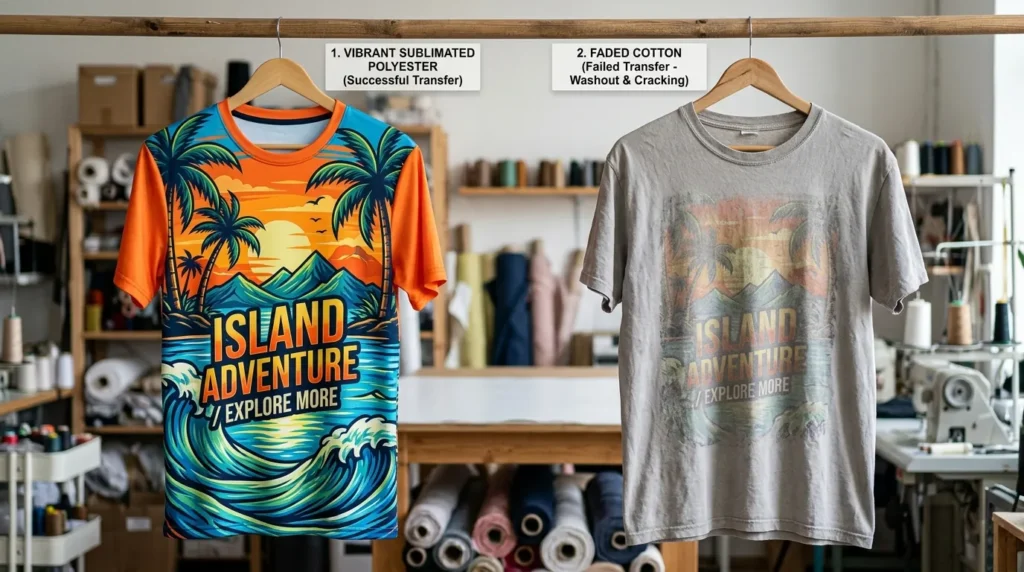 A side-by-side comparison of a vibrant sublimated polyester shirt and a faded cotton shirt showing failed transfer.