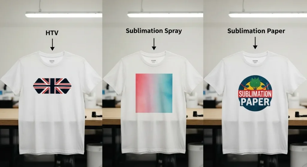 Three cotton shirts comparing HTV, spray, and sublimation print results side by side