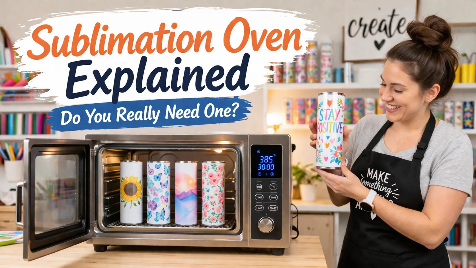 Beginner using a convection oven for sublimating tumblers with tutorial text overlay about sublimation ovens.