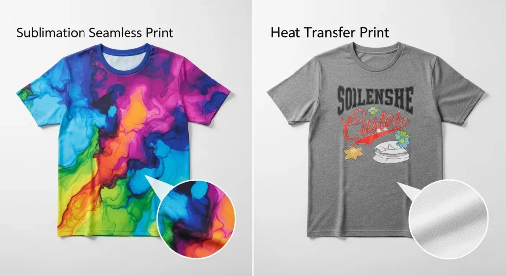 Side by side T-shirts showing sublimation and heat transfer print texture differences