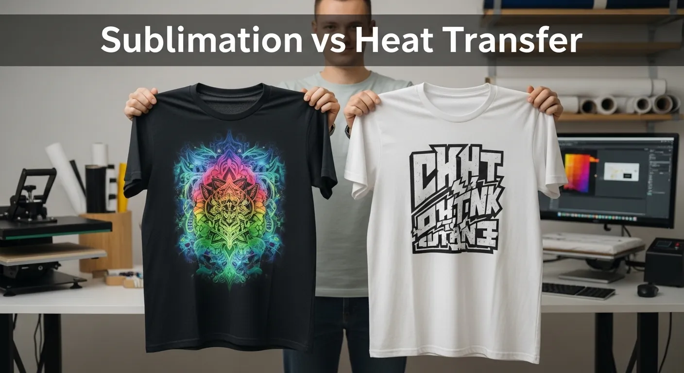 Person comparing sublimation and heat transfer printed T-shirts in a bright crafting workspace with visible texture differences.