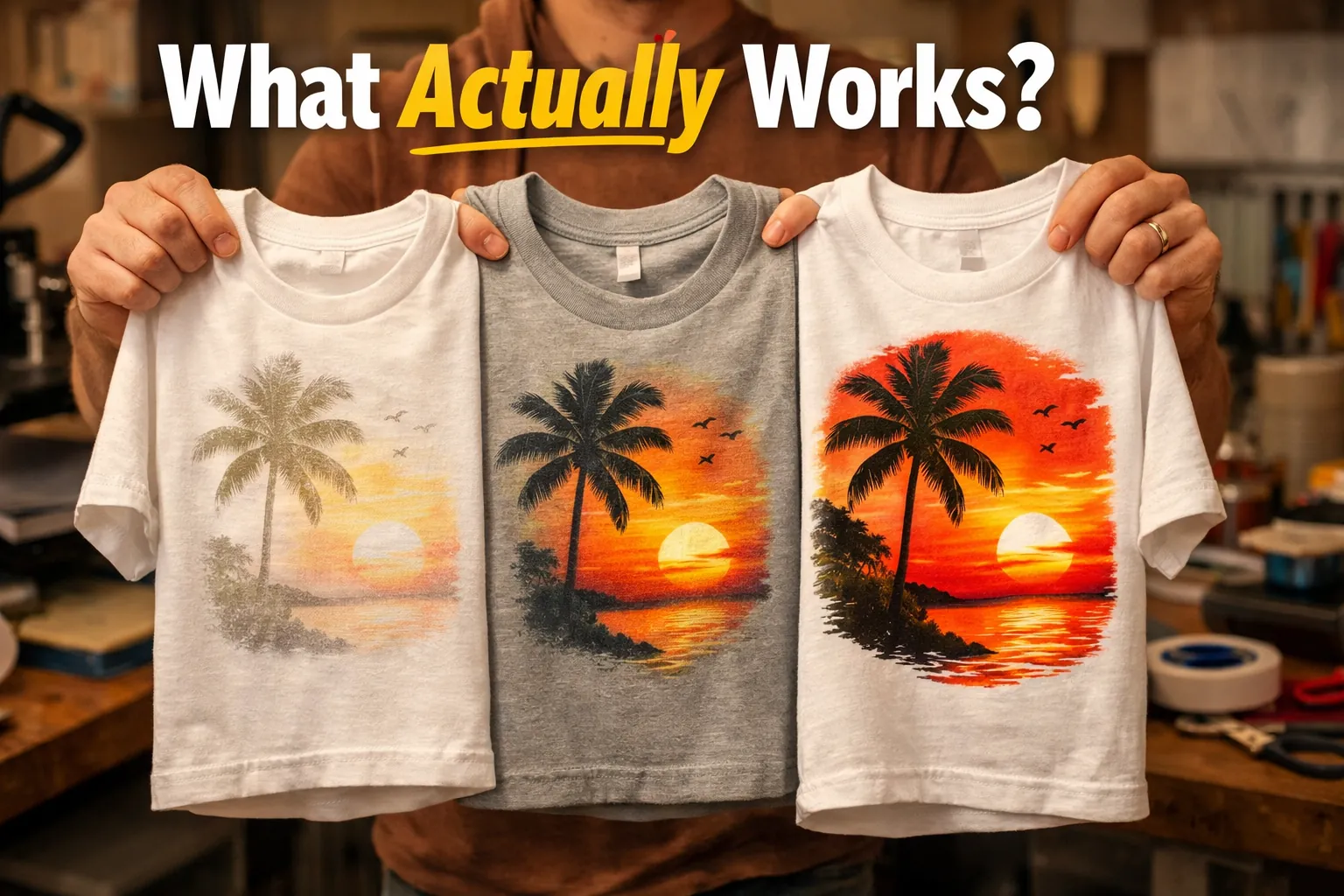 Person holding three cotton shirts comparing different sublimation print results indoors