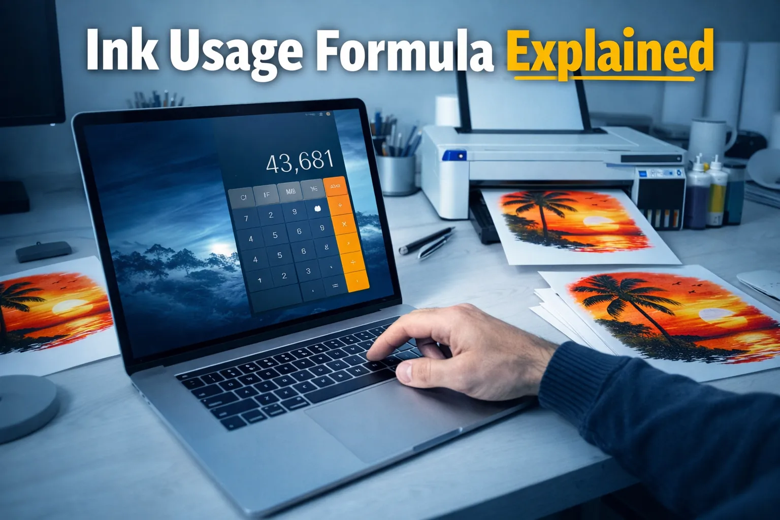 Person calculating ink usage on laptop beside sublimation printer in clean workspace