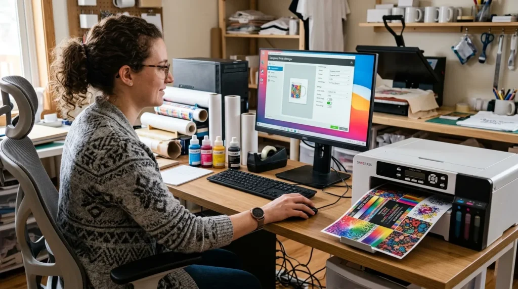 A person adjusting printer settings on a computer next to a sublimation printer with a colorful test print sheet.