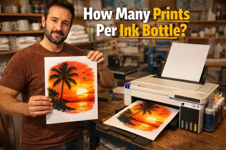 Man holding sublimation print sheet beside printer in a clean studio workspace