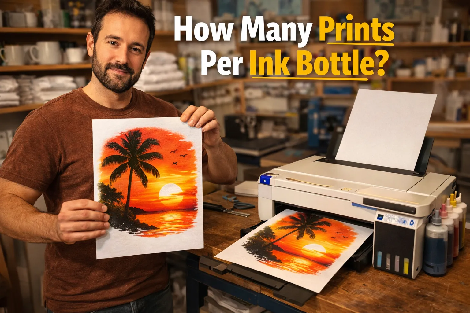 Man holding sublimation print sheet beside printer in a clean studio workspace