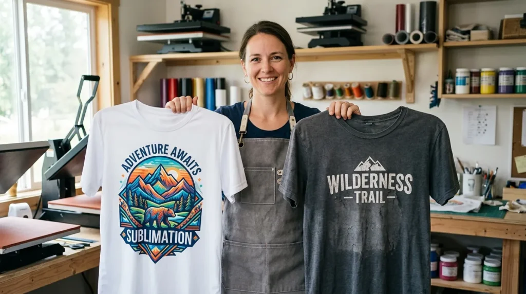 A woman holding a vibrant sublimated t-shirt next to a faded vinyl print for comparison.