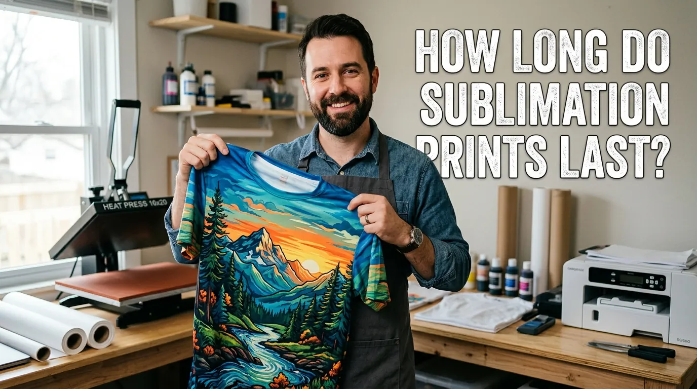Man in a home workspace holding a vibrant sublimation shirt with bold text about print lifespan.