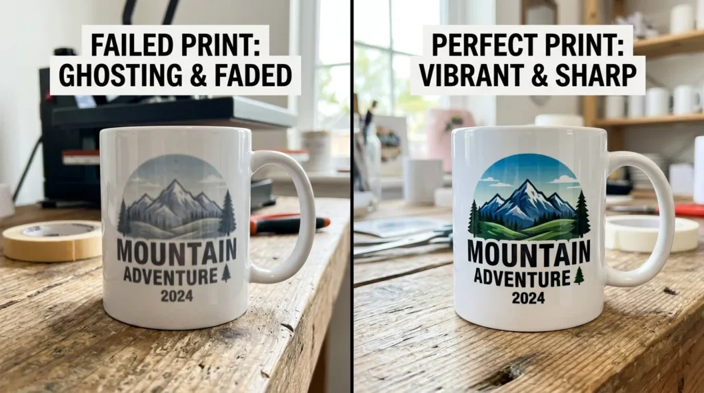 A side-by-side comparison of a failed sublimation print (faded, ghosting) and a perfect vibrant print on a mug or shirt.