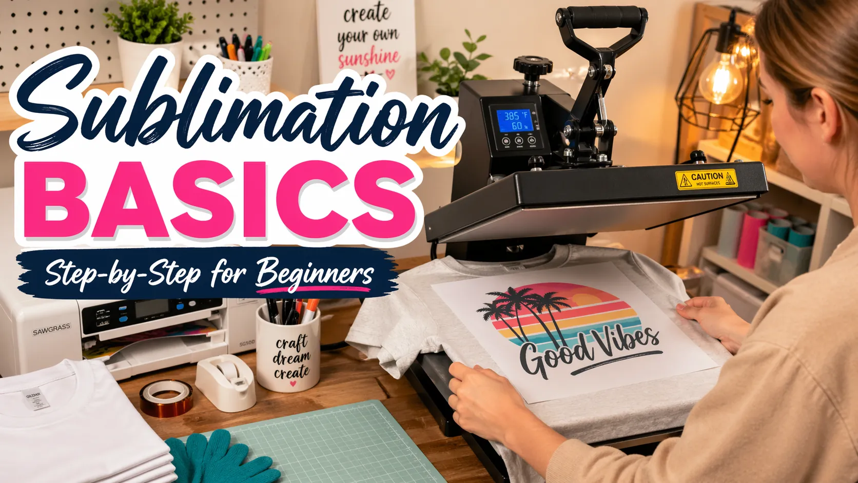 Beginner using a heat press on a T-shirt in a small crafting workspace with bold text “Sublimation Basics” and subtitle “Step-by-Step Guide” in warm lighting.