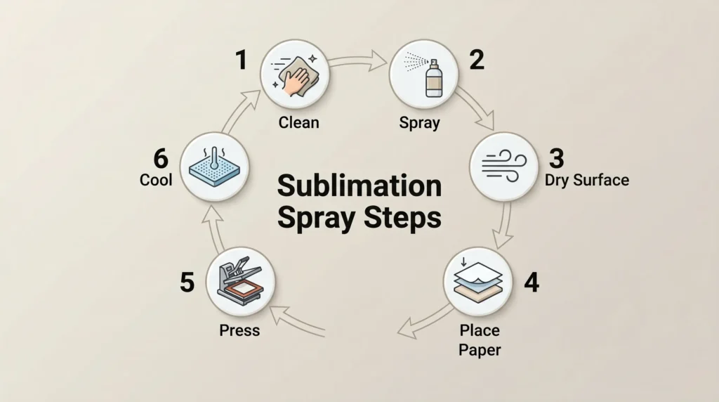 Circular infographic showing six simple steps for using sublimation coating spray