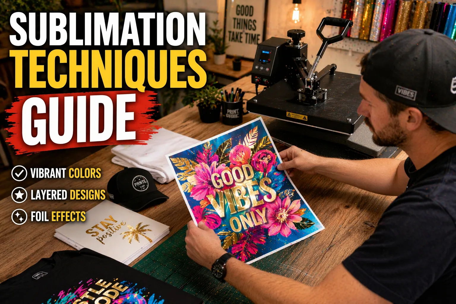 Man using a heat press to create a layered sublimation design with bold technique guide text overlay.