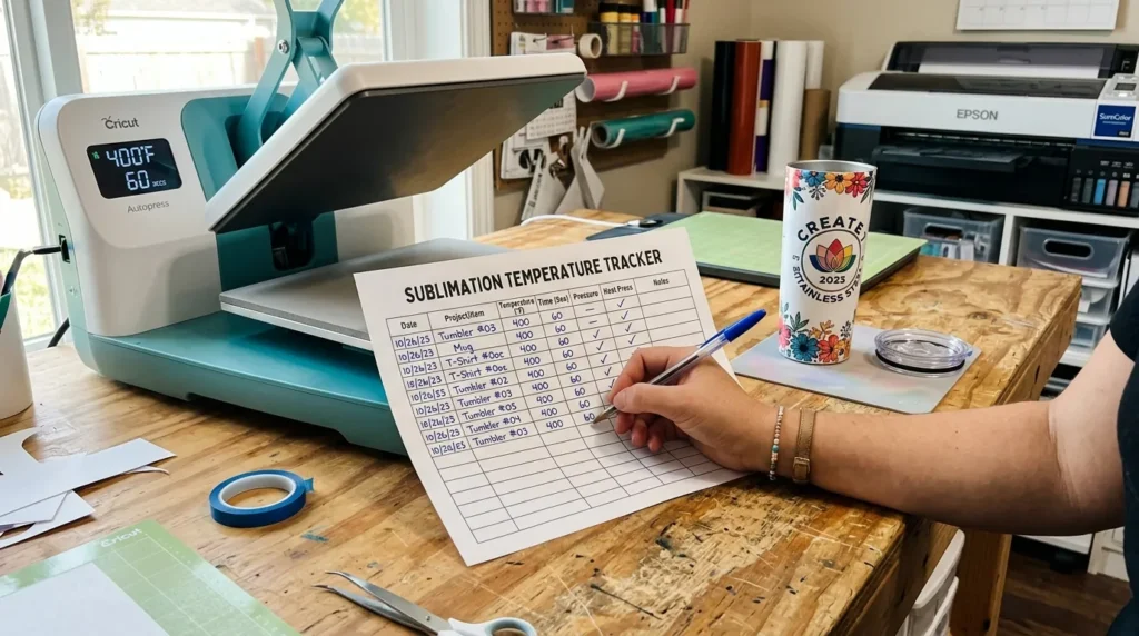 A printed sublimation temperature tracker sheet on a desk with a tumbler, heat press, and pen marking recorded settings.