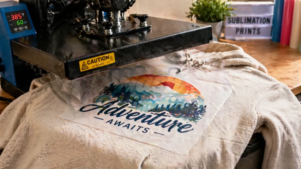 Woman showing a sublimated polyester fleece hoodie with a colorful design in a home crafting workspace.