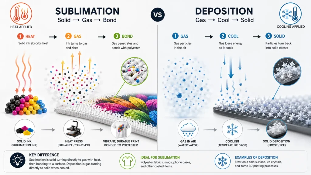 Infographic comparing sublimation and deposition processes with heat and cooling flow