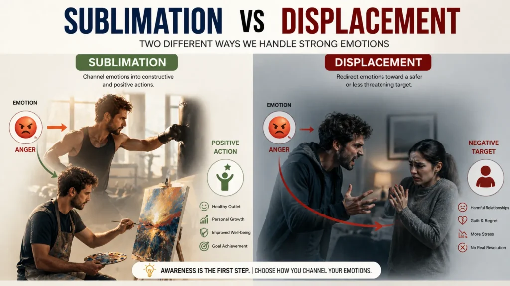 Infographic comparing sublimation and displacement with positive and negative emotional outcomes