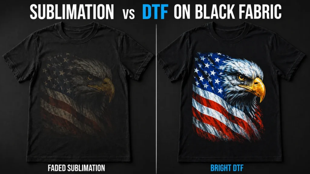Comparison of faded sublimation print and bright DTF print on black shirt