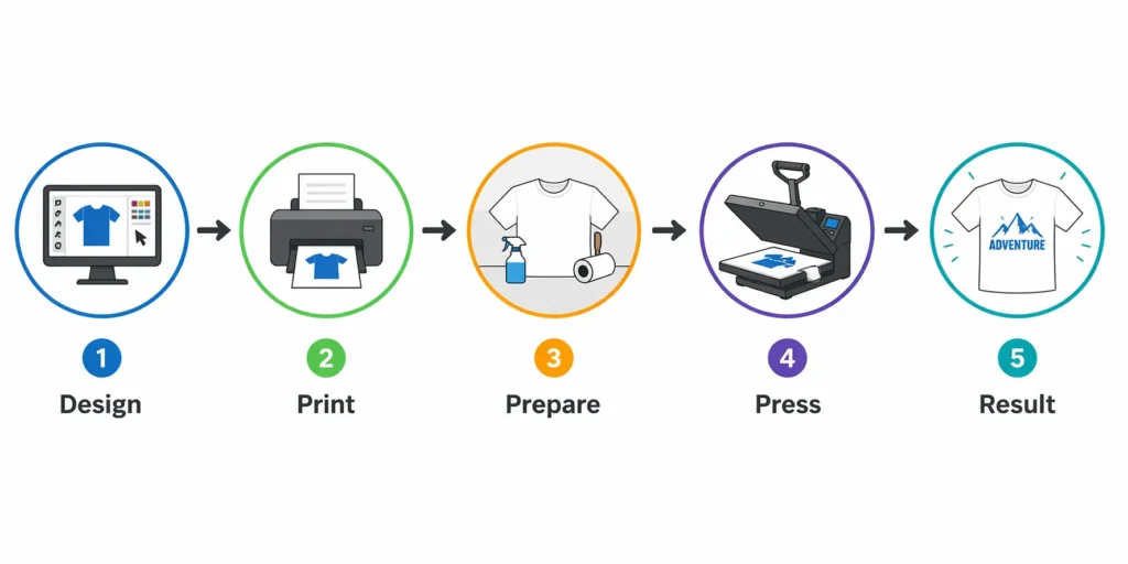Horizontal workflow diagram showing five steps: design, print, prepare, press, result
