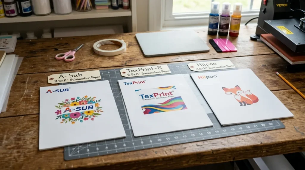 Different sublimation paper sheets labeled by type (A-Sub, TexPrint, Hiipoo) on a crafting table.