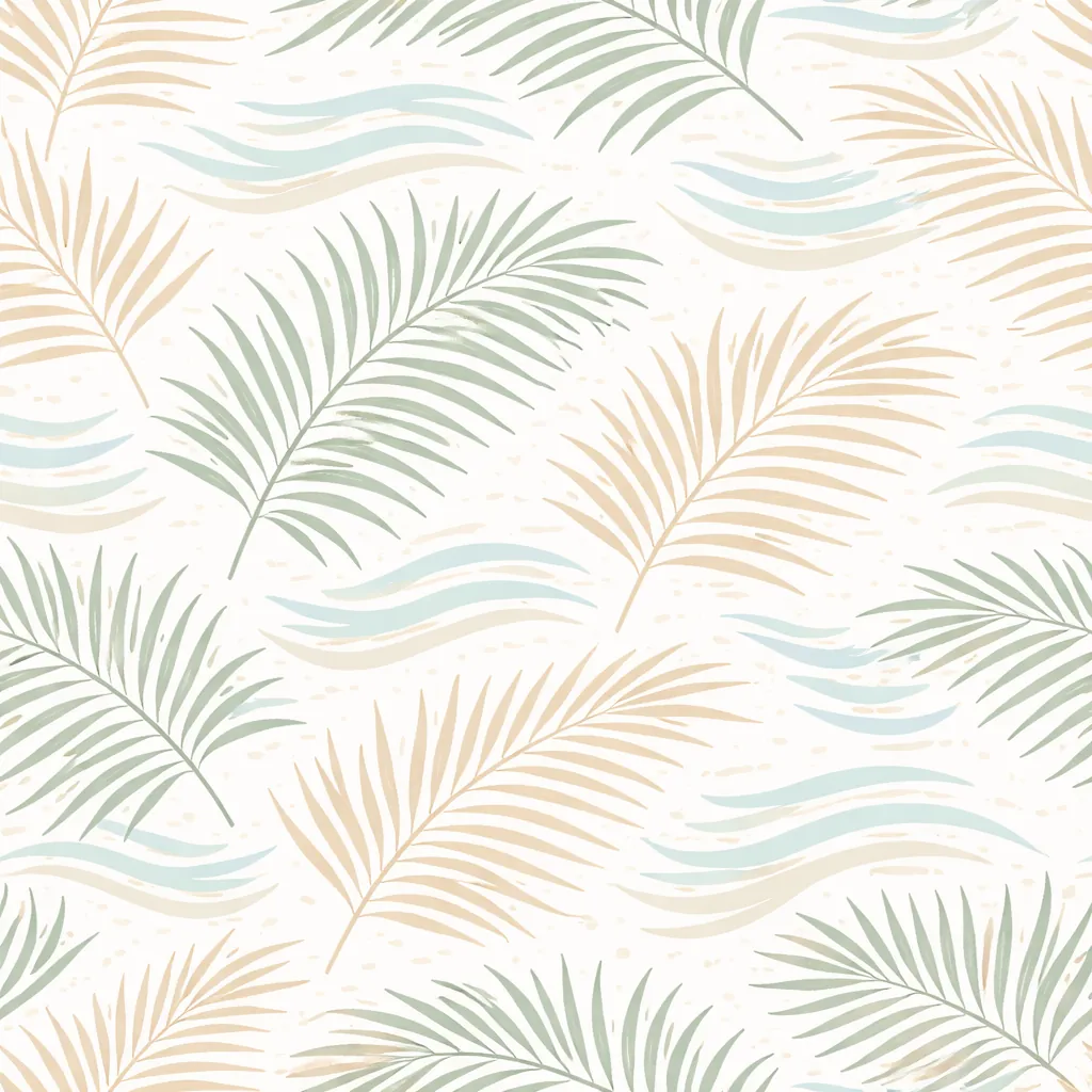 Pastel tropical sublimation design with palm leaves and soft waves in a light summer aesthetic.
