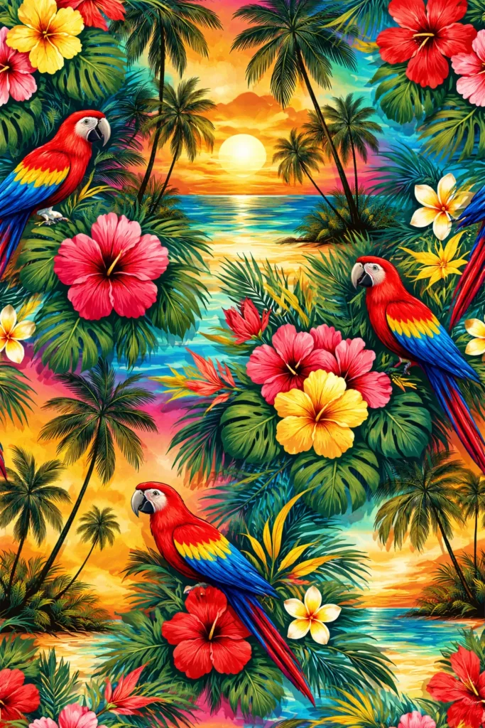 Colorful Hawaiian sublimation pattern with hibiscus flowers, parrots, and tropical sunset background.