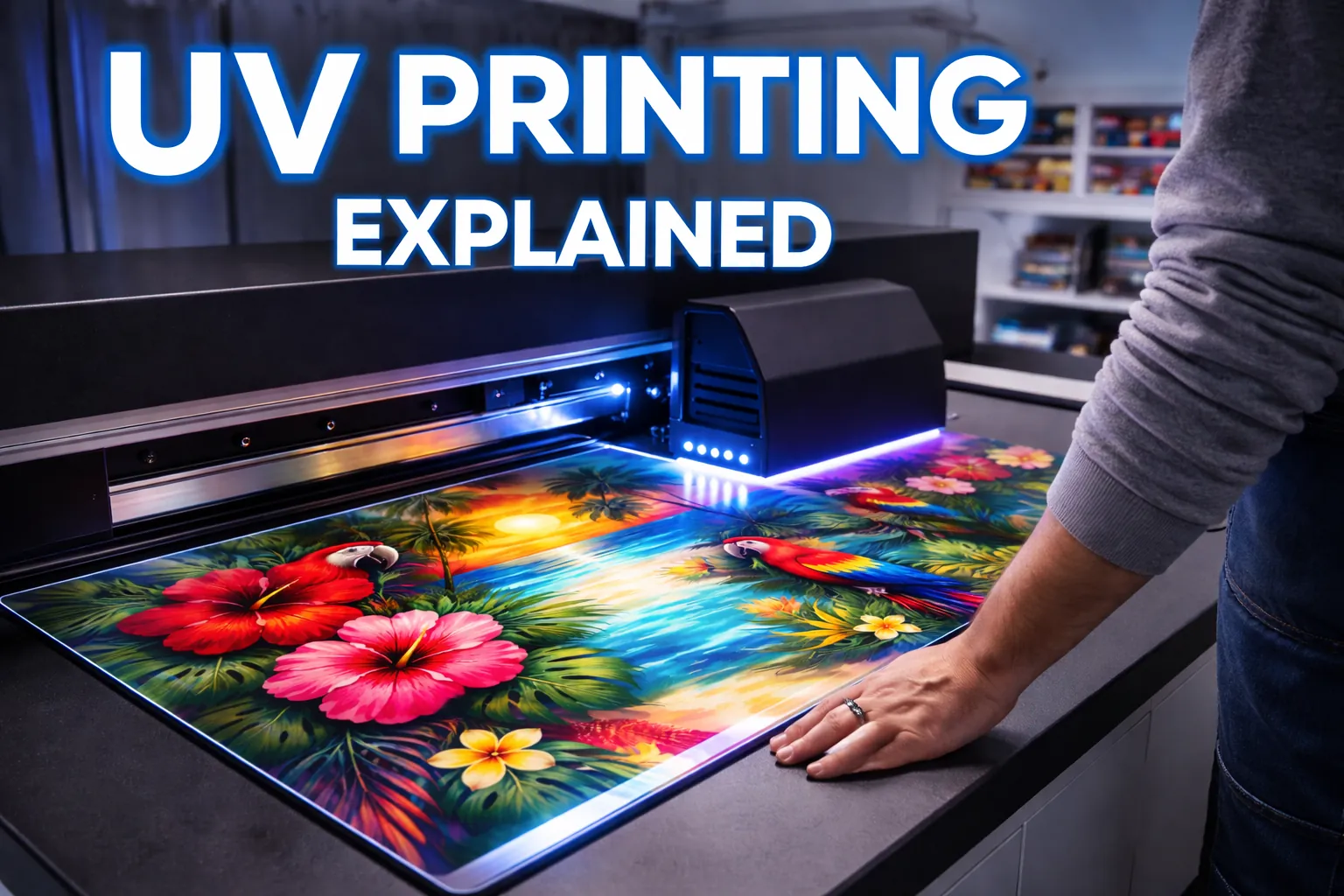 Person using a UV printer to print on glass with visible UV light and bold tutorial text overlay.