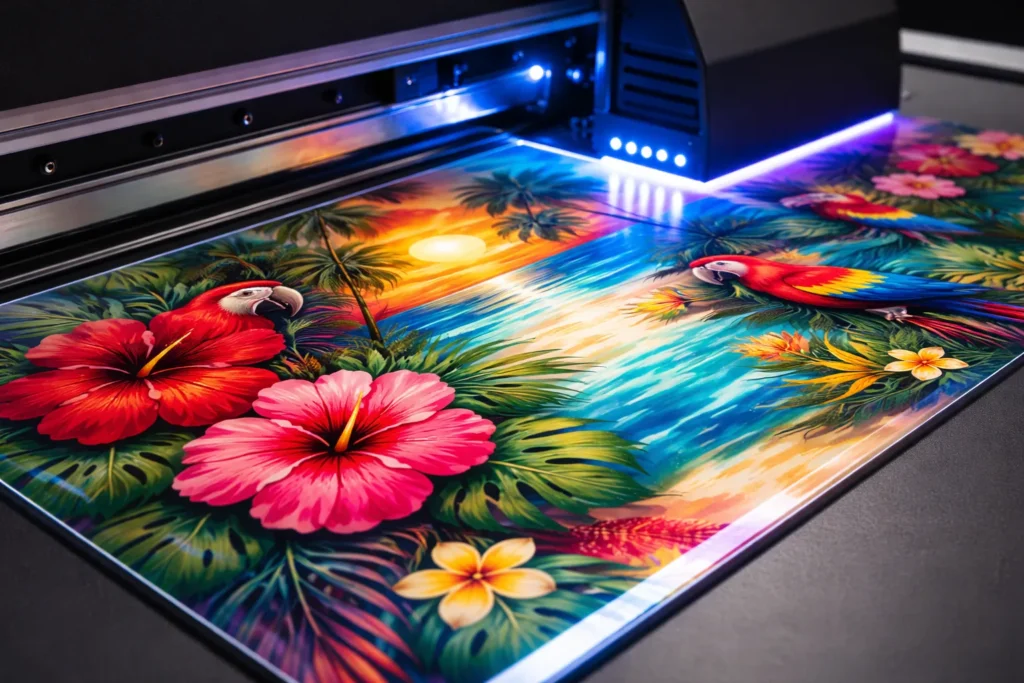 A UV printer curing ink on a flat surface with visible UV light and printed designs on glass or acrylic.