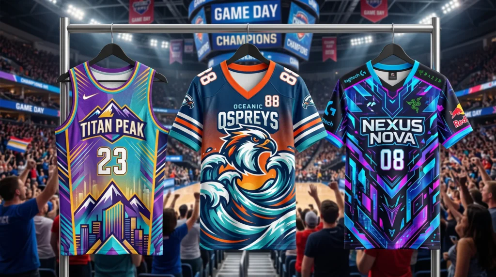 Bright, full-color sports jerseys with edge-to-edge designs for football, basketball, and esports teams.