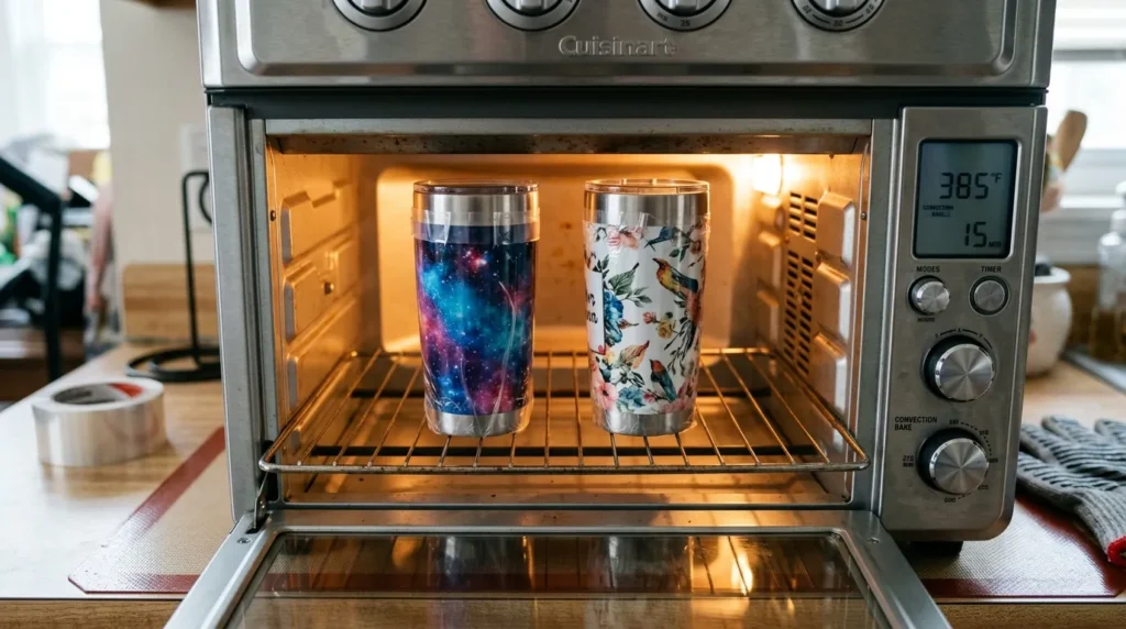 A convection oven with sublimation tumblers wrapped in shrink sleeves placed inside on a rack.