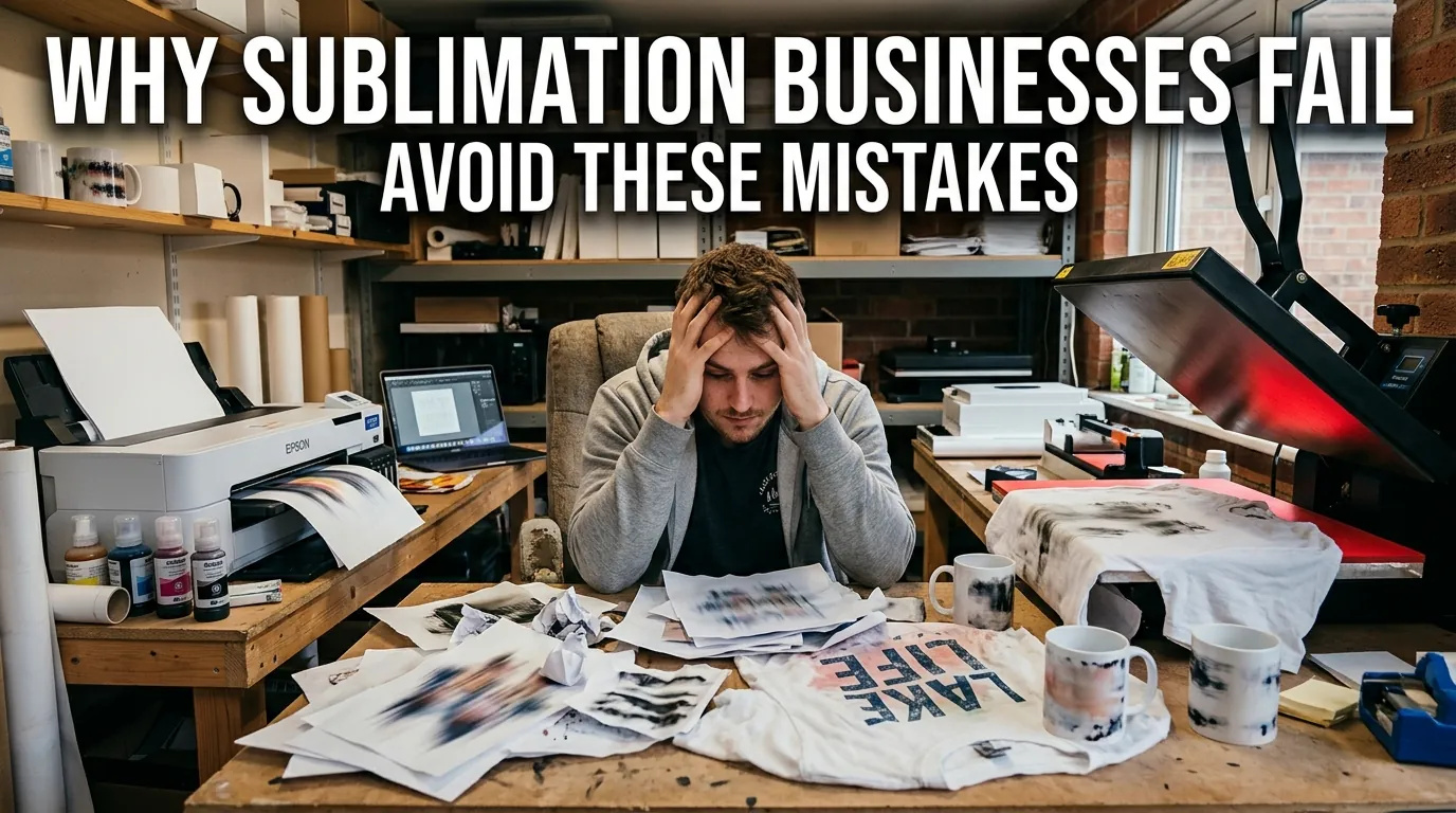 Young person in a home sublimation setup looking frustrated at poor print results with heat press and printer visible.