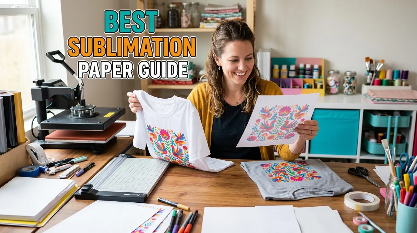 Woman comparing sublimation paper results on printed shirts in a crafting workspace with guide title overlay.