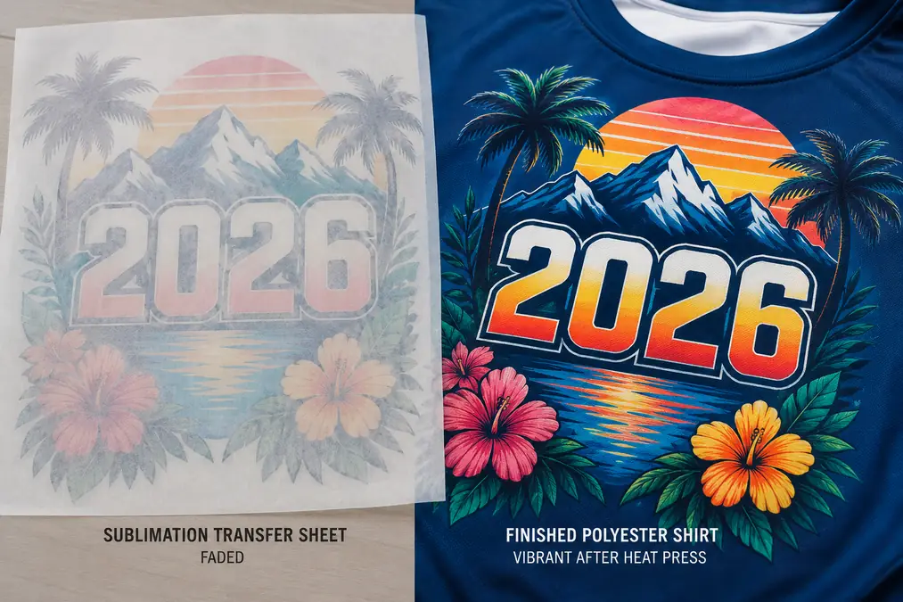 Sublimation transfer sheet and finished polyester shirt with 2026 design featuring mountains, sunset, palm trees, and flowers