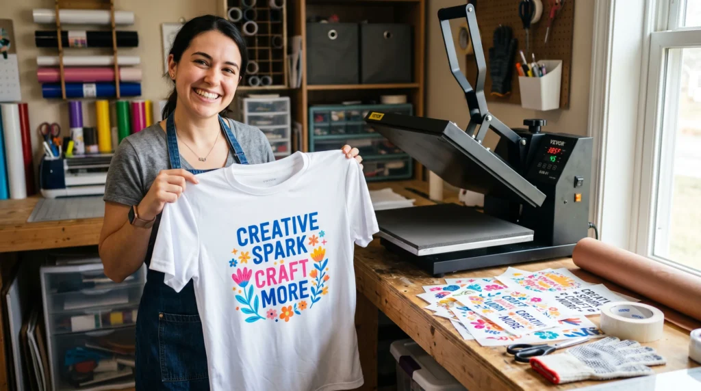 A beginner sublimation workspace with an Epson EcoTank printer, heat press, sublimation paper, and polyester shirt laid out on a clean crafting table.