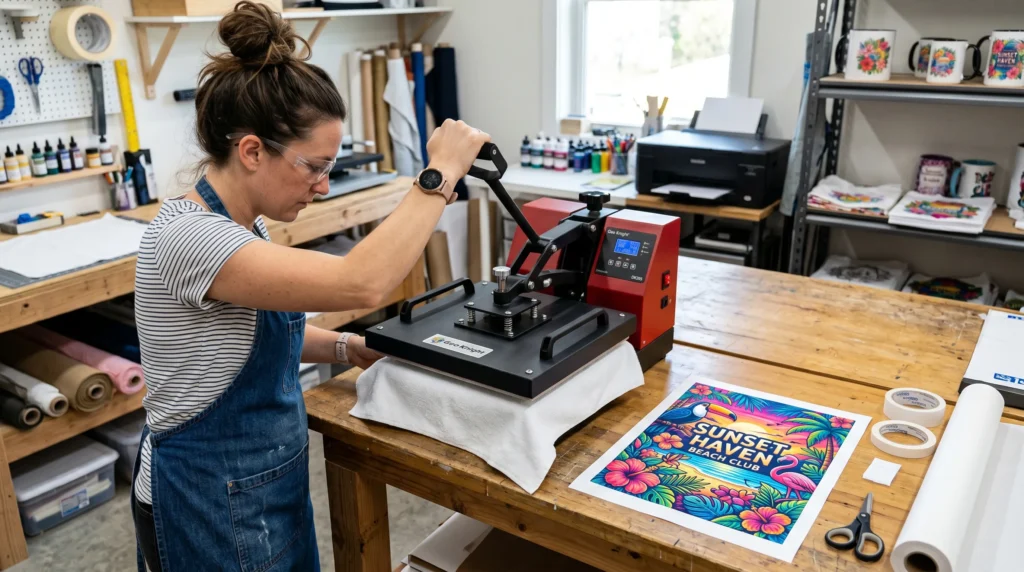 A person using a heat press on a white microfiber towel with colorful sublimation artwork beside the press.