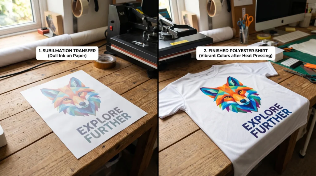 A side-by-side comparison showing a dull sublimation transfer on paper next to a vibrant finished polyester shirt after heat pressing.