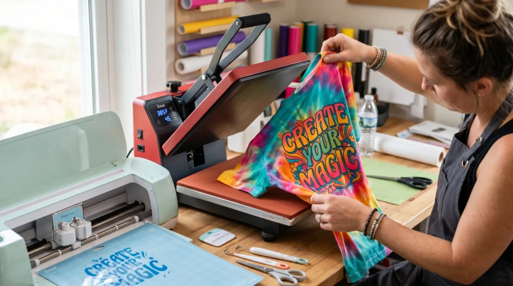 A close-up of a colorful sublimated T-shirt being lifted from a heat press beside a Cricut machine.
