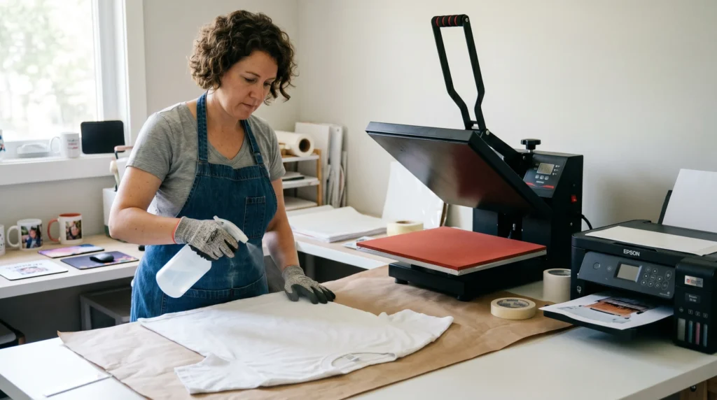 A crafter spraying sublimation coating onto a cotton T-shirt beside a heat press and sublimation printer.