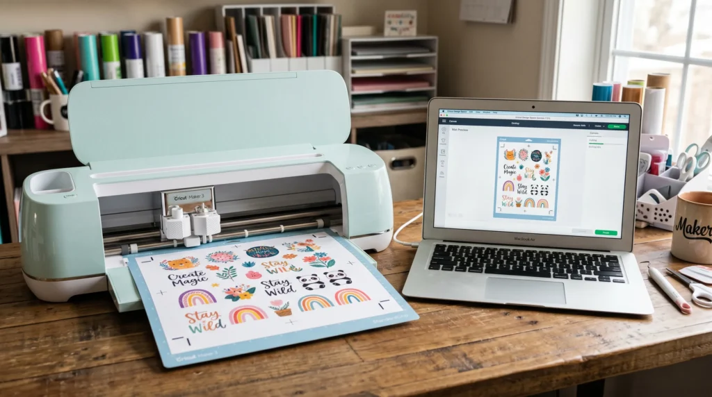 A Cricut machine cutting a colorful Print Then Cut sticker sheet beside a laptop running Cricut Design Space.