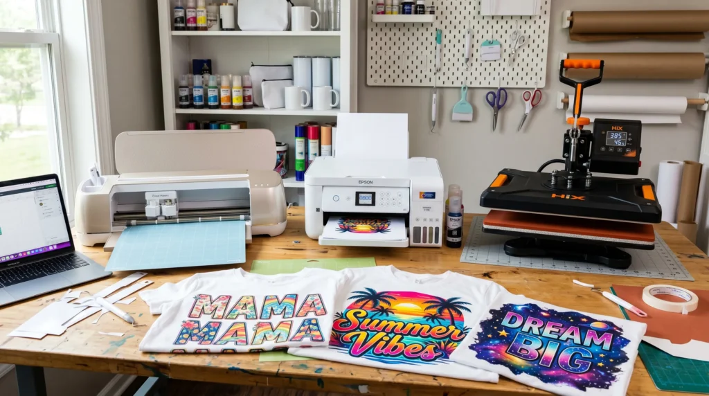 A Cricut machine beside a sublimation printer and heat press with colorful sublimation shirt designs on a crafting table.