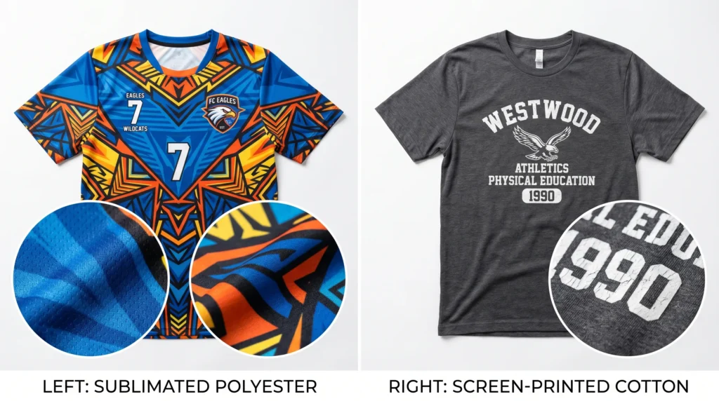 Comparison showing a sublimated polyester sports jersey beside a cotton athletic shirt with visible print quality differences.
