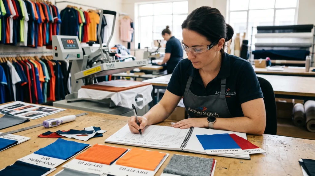 Heat press operator testing several polyester sportswear fabrics while recording settings in a production worksheet.