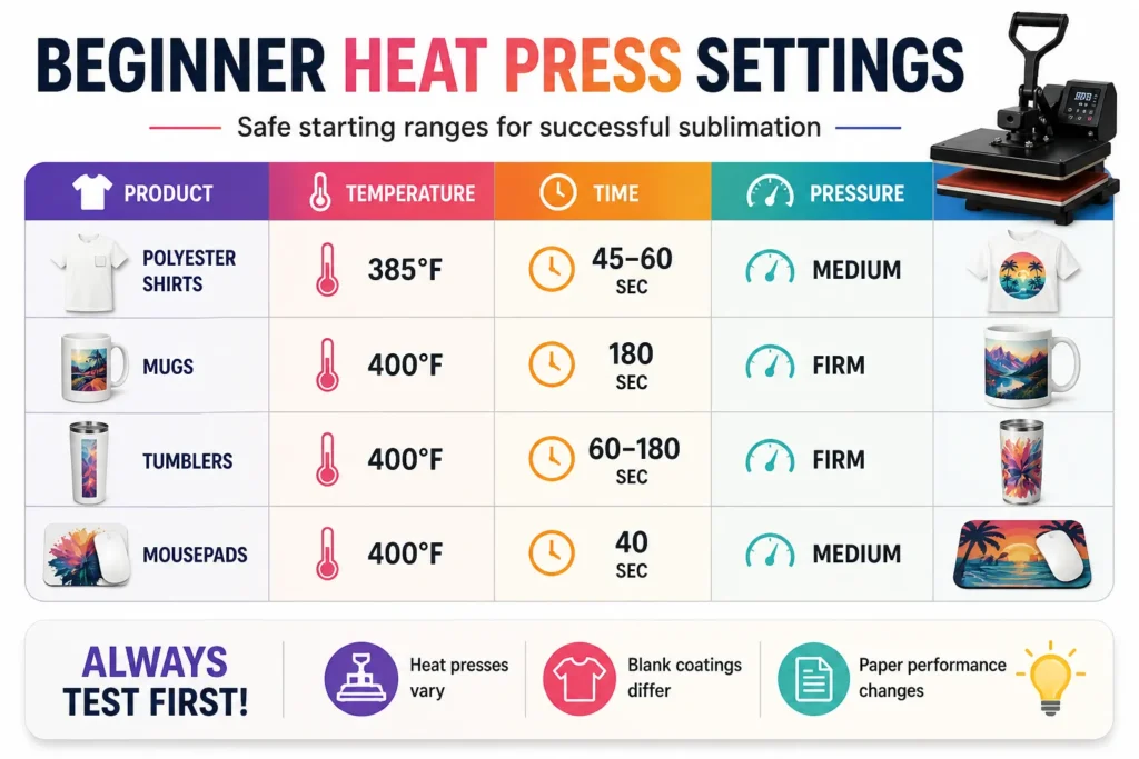 Colorful beginner sublimation heat press settings infographic with shirts, mugs, tumblers, and mousepads.