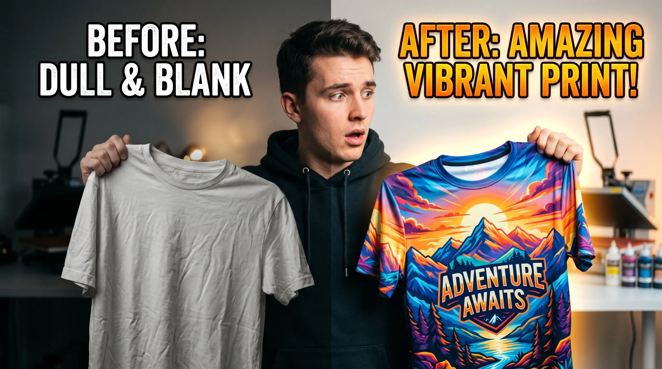 Beginner using a sublimation printer and heat press to create colorful polyester shirt designs in a home crafting workspace.
