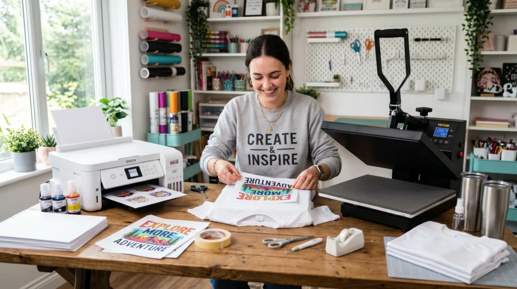 Beginner crafter preparing a sublimation shirt transfer beside Epson EcoTank printer and heat press.