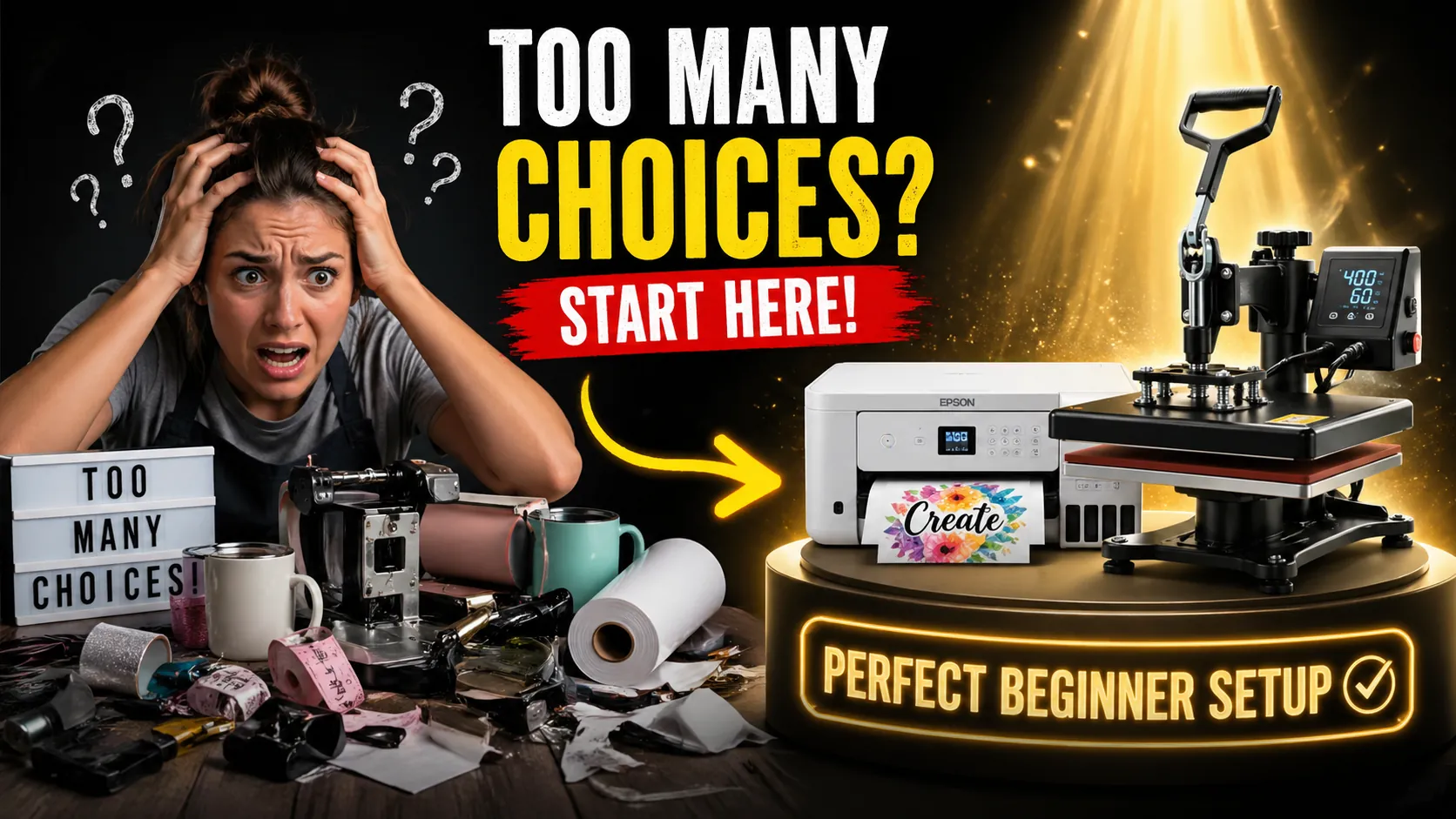 Beginner crafter learning sublimation printing with a heat press, sublimation printer, and polyester shirt blanks in a home workspace.