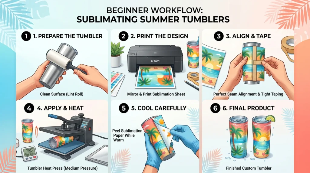 Beginner summer tumbler sublimation workflow infographic with step-by-step heat press process.