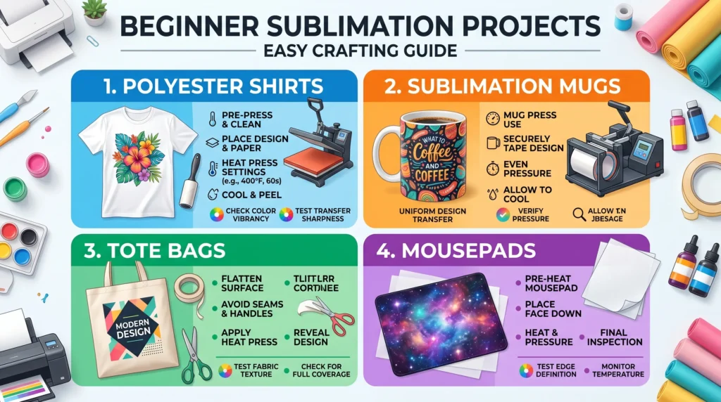 Beginner sublimation infographic showing shirts, mugs, tote bags, and mousepads for first projects.