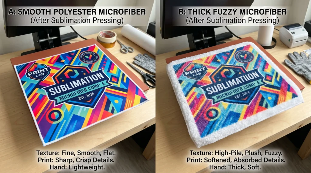 Side-by-side microfiber towel comparison showing smooth polyester microfiber and thick fuzzy microfiber after sublimation pressing.